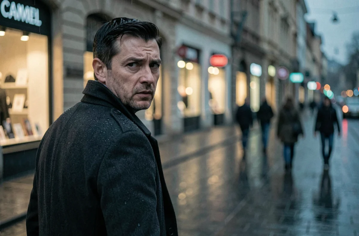 Homme en imperméable regardant derrière lui dans une rue urbaine sous la pluie, atmosphère thriller
