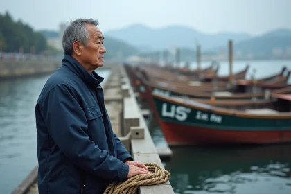Homme japonais regardant la mer dans un port traditionnel