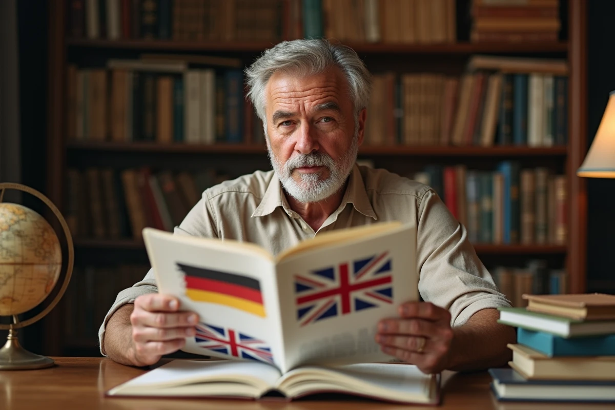 Homme consultant un livre de référence sur les drapeaux rouge blanc noir dans une bibliothèque