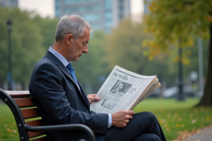 Homme d'âge moyen lisant un journal financier dans un parc