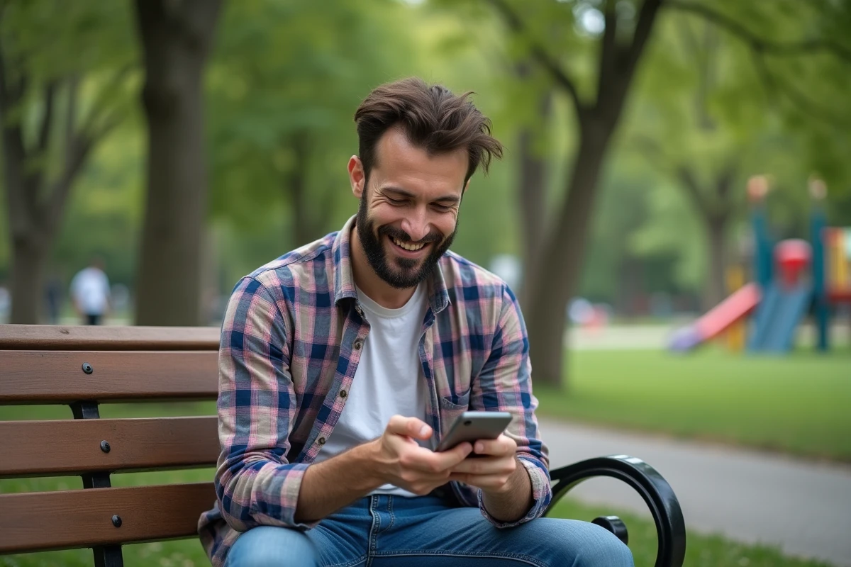 Homme assis sur banc en parc envoi message anniversaire