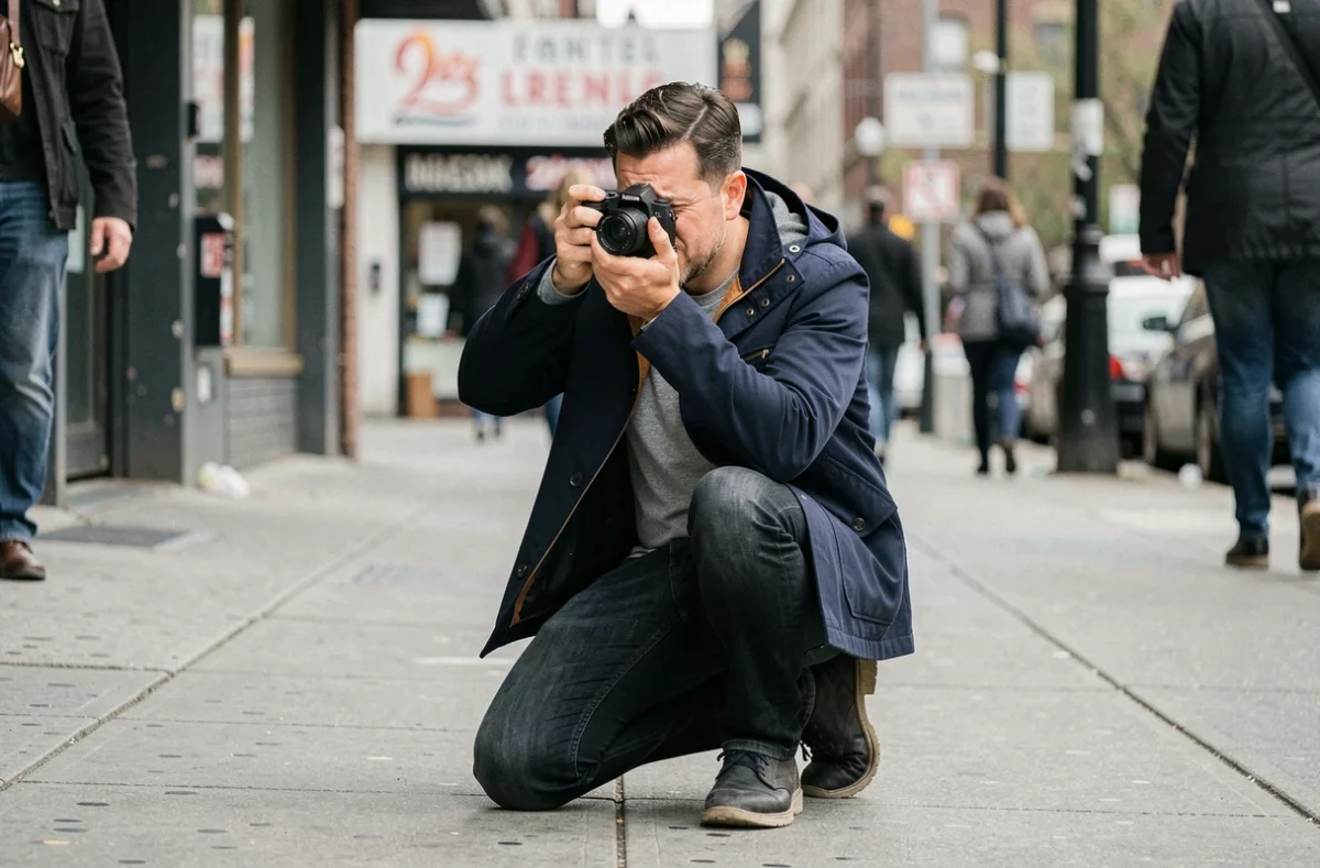 Homme accroupi dans une rue urbaine photographiant avec un appareil photo sans miroir, illustrant l'apprentissage de la photo en extérieur pour débutants