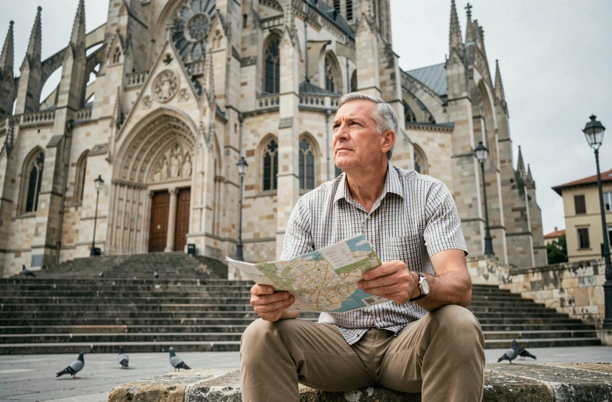 Homme assis sur un banc devant la cathédrale Saint-Just-et-Saint-Pasteur de Narbonne avec un plan de la ville