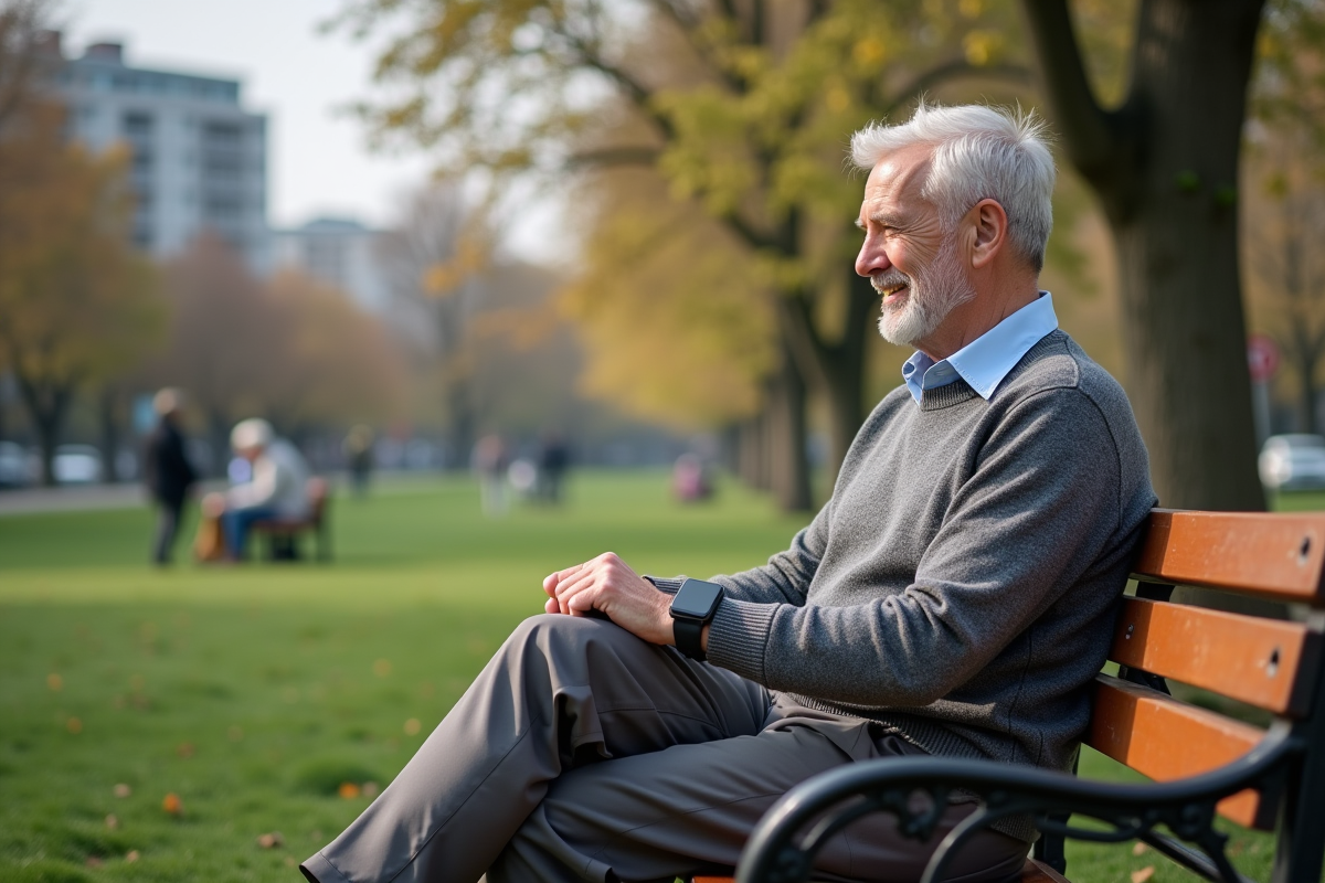 Homme âgé vérifiant ses données santé avec une smartwatch dans un parc