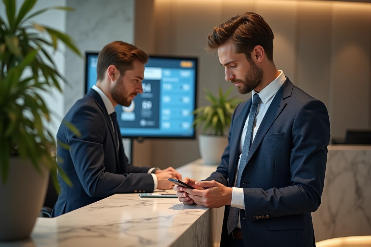 Homme scannant un QR blockchain au comptoir de banque moderne