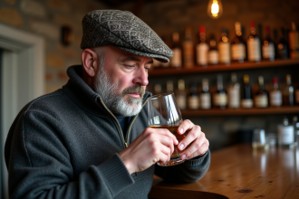 Homme écossais dégustant un whisky single malt dans un bar chaleureux