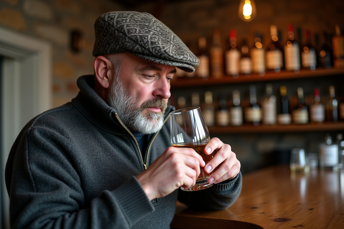 Homme écossais dégustant un whisky single malt dans un bar chaleureux