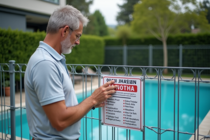 Homme lisant un panneau de securite piscine en exterieur