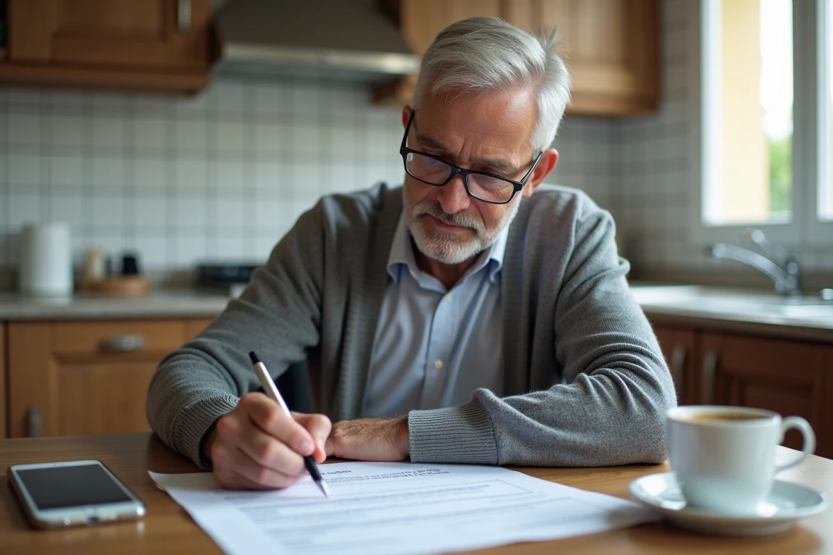 Homme senior consultant un document notarial chez lui après avoir obtenu un second avis juridique gratuit