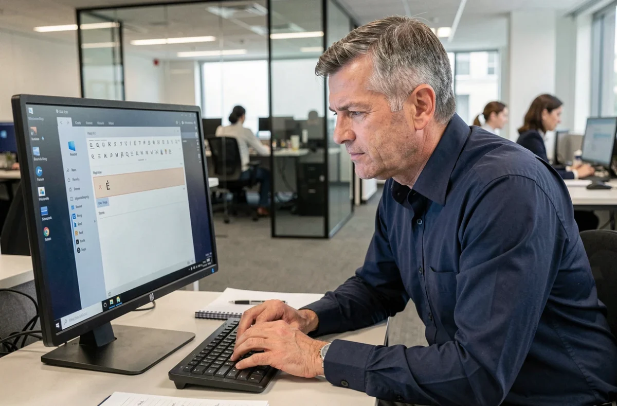 Homme utilisant la table des caractères Windows 11 pour insérer le È majuscule accent grave au bureau