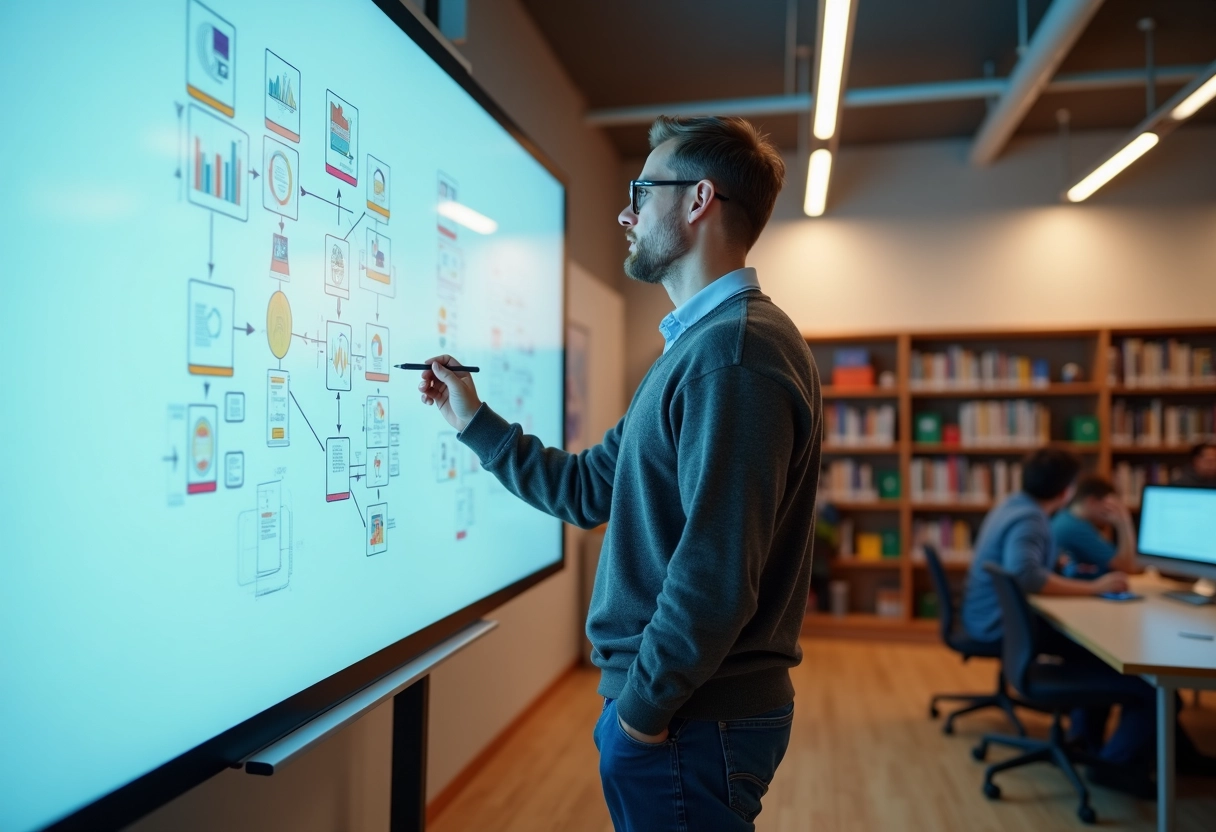 Homme avec tableau interactif analysant des données en classe