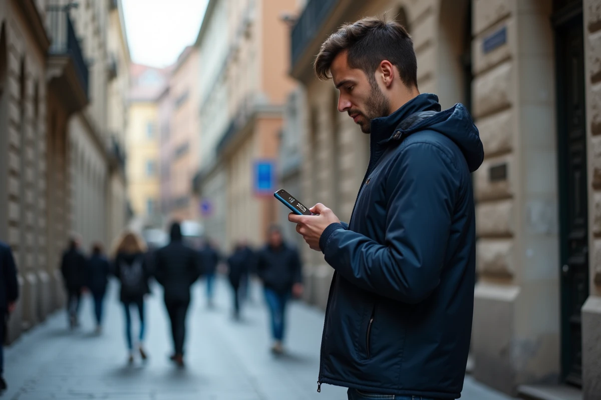 Homme dans la rue regardant son téléphone affichant 13h31, moment de synchronicité lié à l'heure miroir du quotidien