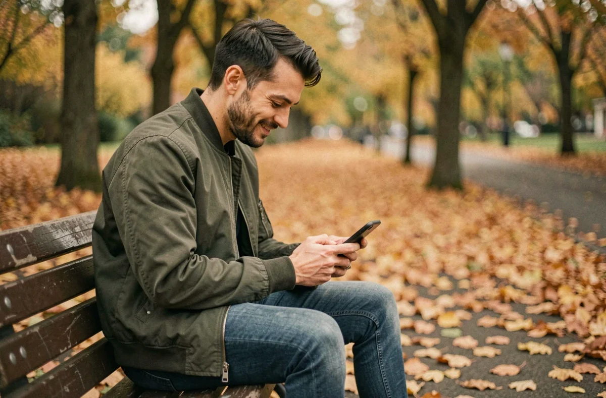 Homme souriant timidement en regardant son téléphone sur un banc de parc en automne, symbolisant l'envoi d'un message discret pour signifier tu me manques dans une relation naissante