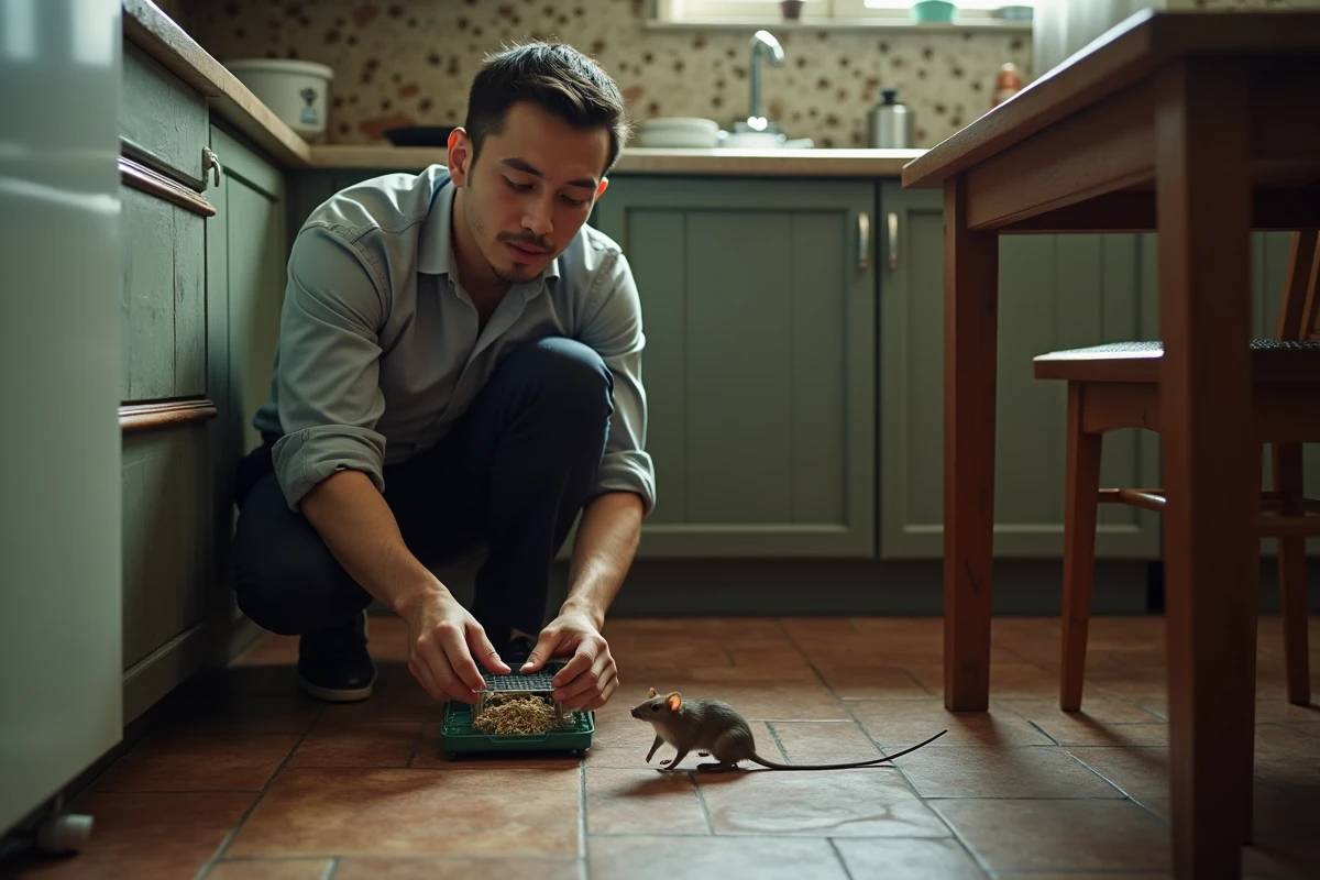 Jeune homme posant une trappe à rat dans une cuisine ancienne