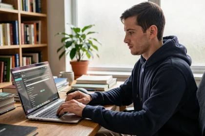 Jeune homme configurant un VPN sur son ordinateur portable pour contourner les blocages de son FAI