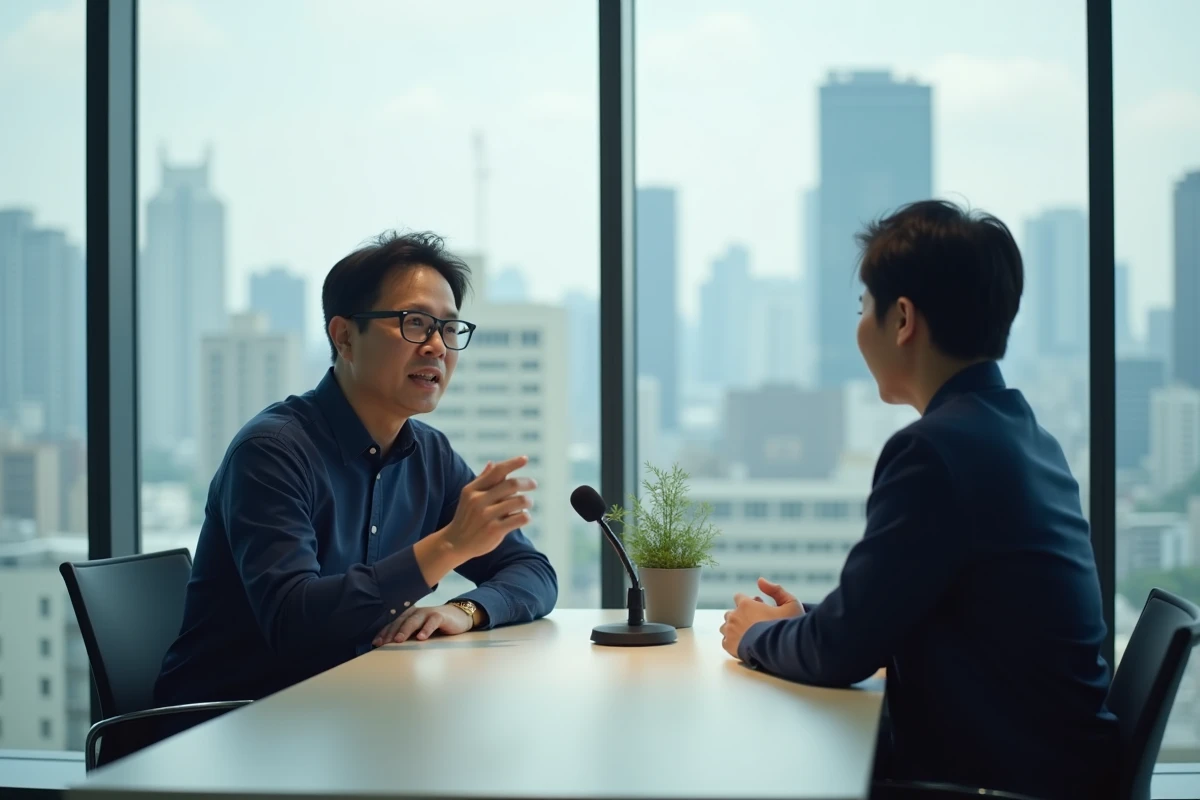 Réalisateur japonais accordant une interview sur la création de Tengoku Daimakyou saison 2 dans un bureau moderne à Tokyo