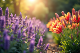 Jardin ensoleille avec lavande et lys en fleurs
