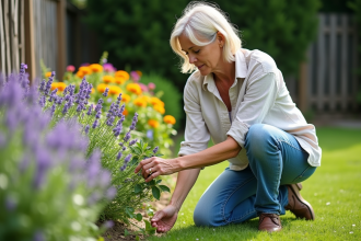 Femme jardiniere en jeans et chemise en lin dans un jardin coloré