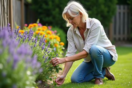 Femme jardiniere en jeans et chemise en lin dans un jardin coloré