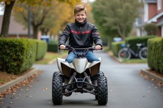 Jeune garçon sur un quad en banlieue avec maison et végétation