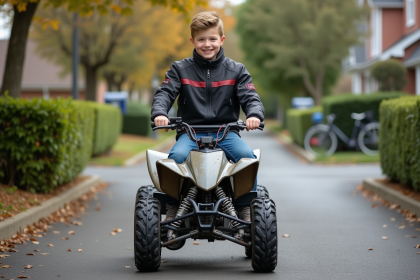 Jeune garçon sur un quad en banlieue avec maison et végétation
