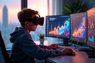 Jeune adulte portant un casque VR devant plusieurs écrans colorés