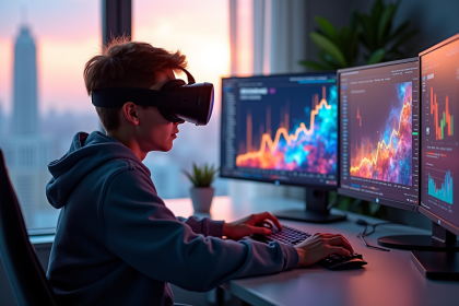 Jeune adulte portant un casque VR devant plusieurs écrans colorés