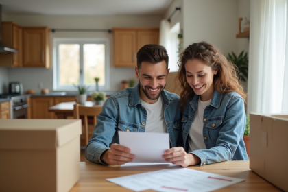 Jeune couple dans leur nouveau chez eux avec papiers