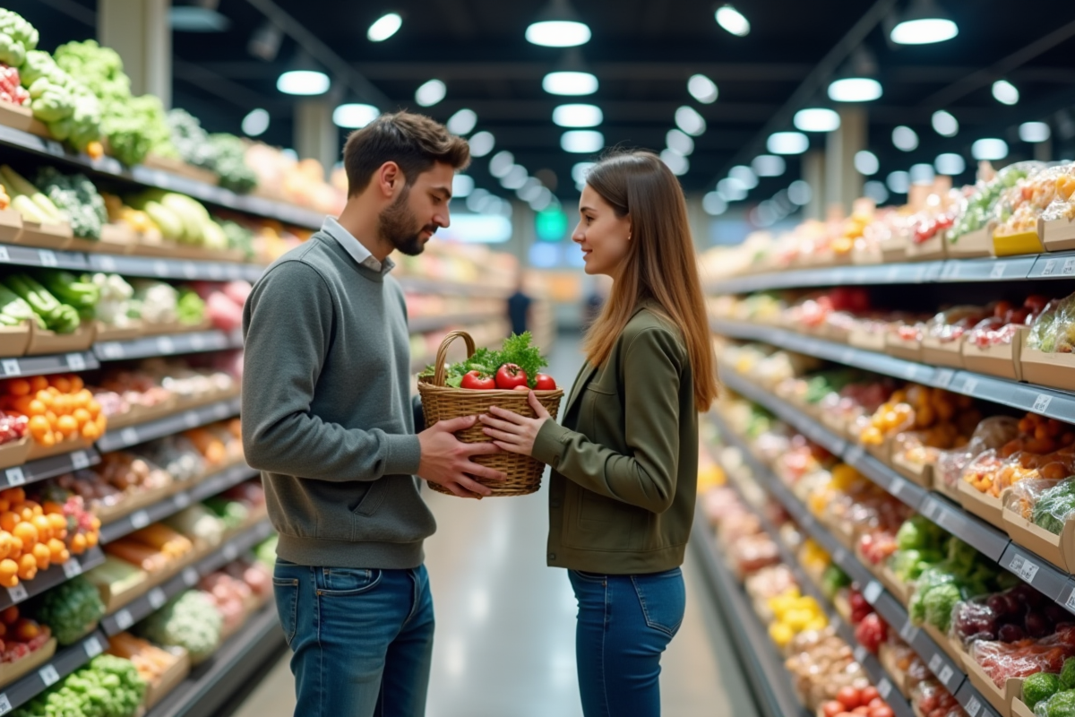 Jeune couple faisant les courses dans un supermarché lumineux