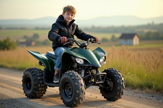 Jeune garçon en moto quad sur route rurale en liberté