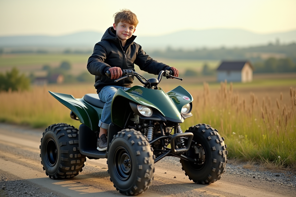 Jeune garçon en moto quad sur route rurale en liberté