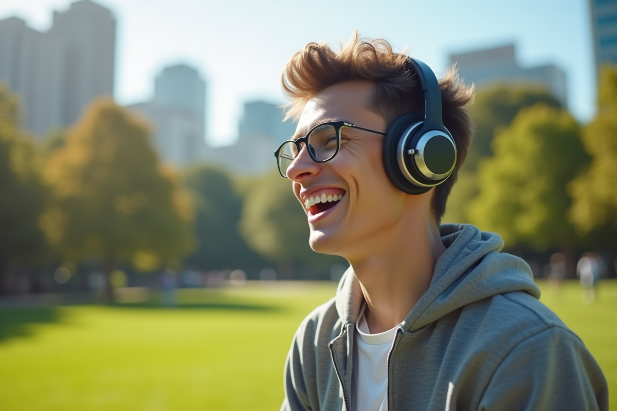Jeune portant écouteurs futuristes dans un parc urbain ensoleille