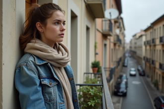 Jeune femme en denim sur balcon dans quartier français