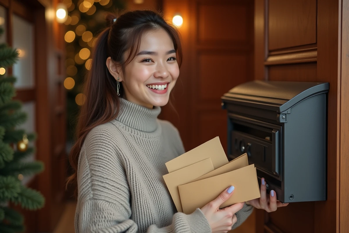 Jeune femme souriante récupérant du courrier dans une boîte aux lettres