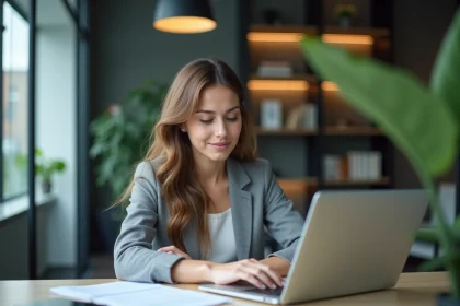 Jeune femme concentr&eacute;e travaillant sur un ordinateur dans un bureau moderne
