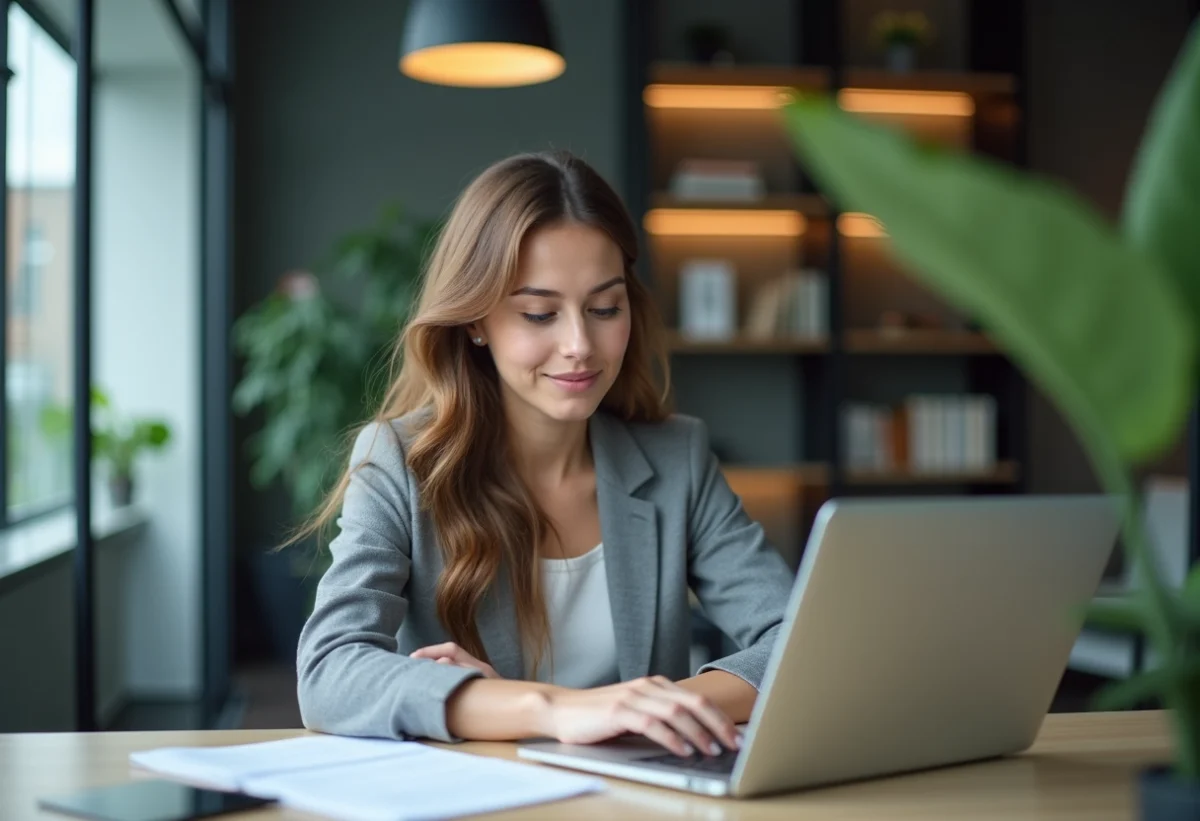 Jeune femme concentrée travaillant sur un ordinateur dans un bureau moderne