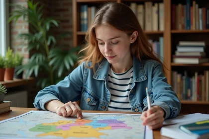Jeune femme &eacute;tudie une carte color&eacute;e de l'Allemagne dans un int&eacute;rieur cosy