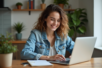 Jeune femme souriante étudie des annonces de locations vacances