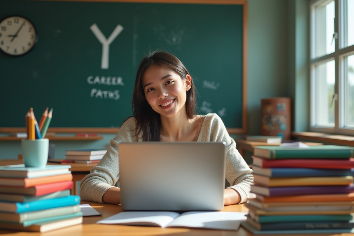 Jeune femme étudiant avec livres et ordinateur dans une salle moderne