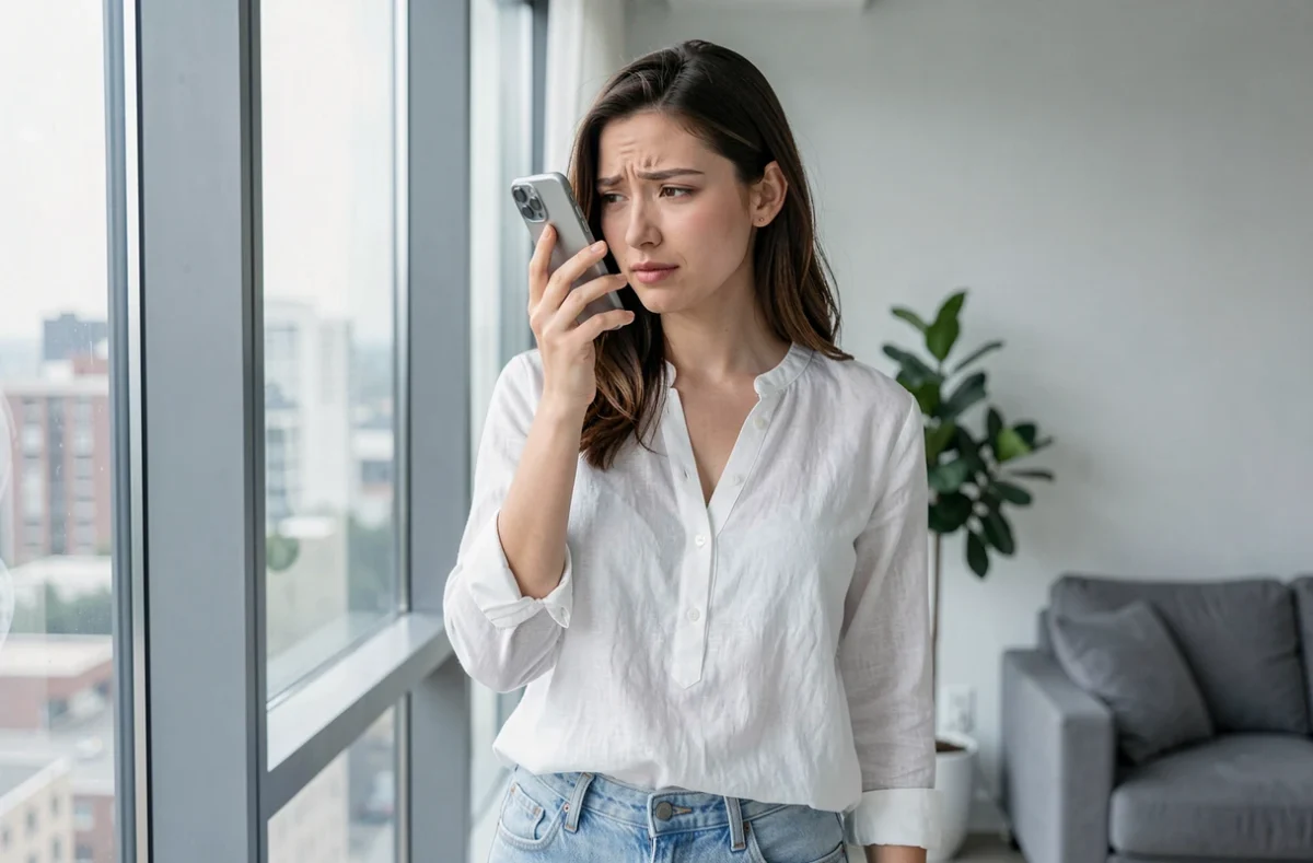 Jeune femme hésitant à rappeler un numéro de téléphone inconnu près d'une fenêtre