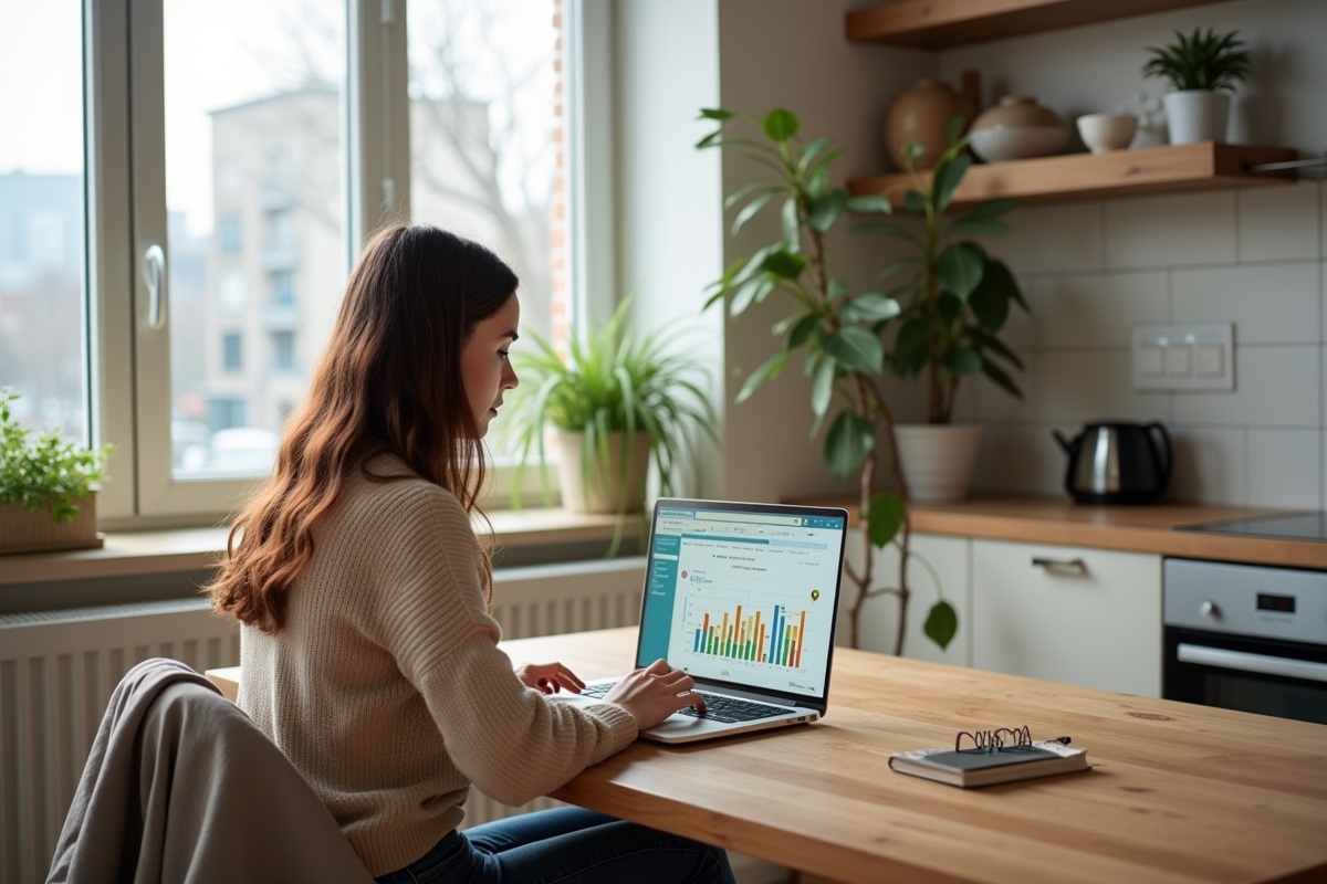Jeune femme regardant une infographie sur les taux d