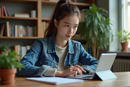 Jeune femme lisant manga sur tablette dans un bureau moderne