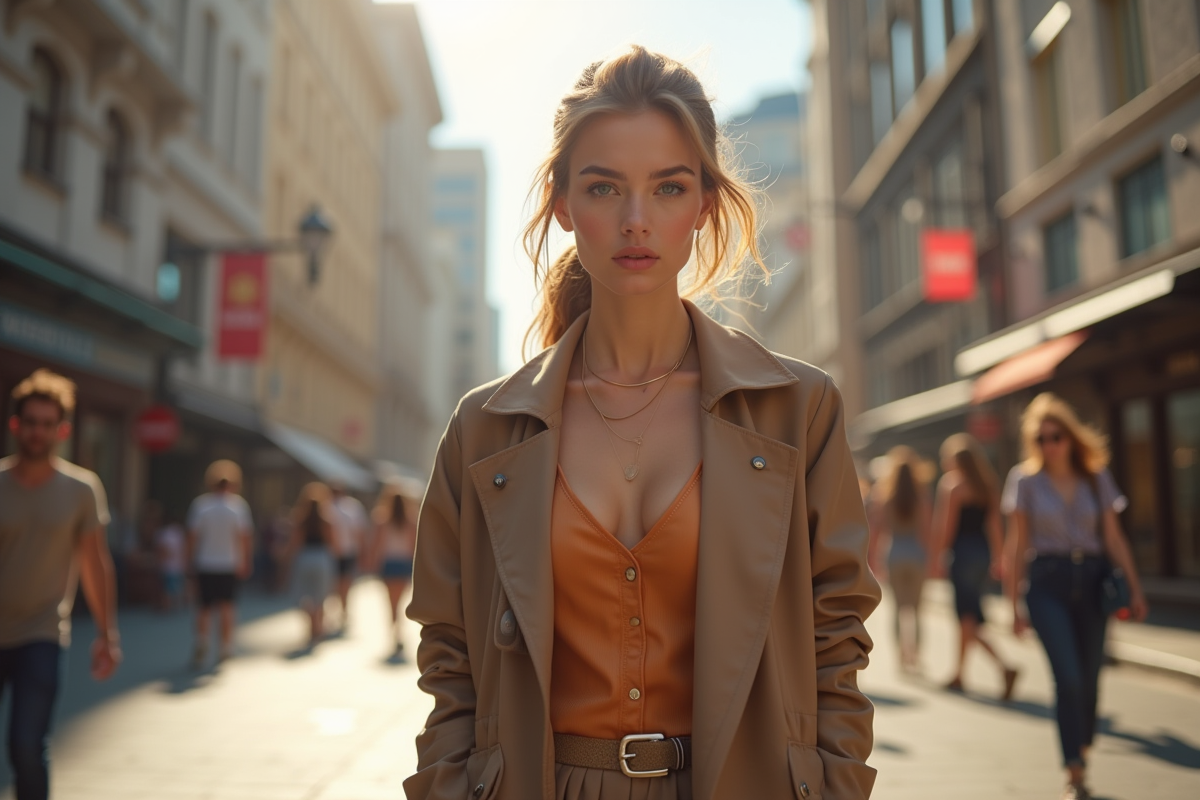 Jeune femme confiante en mode moderne dans la rue urbaine
