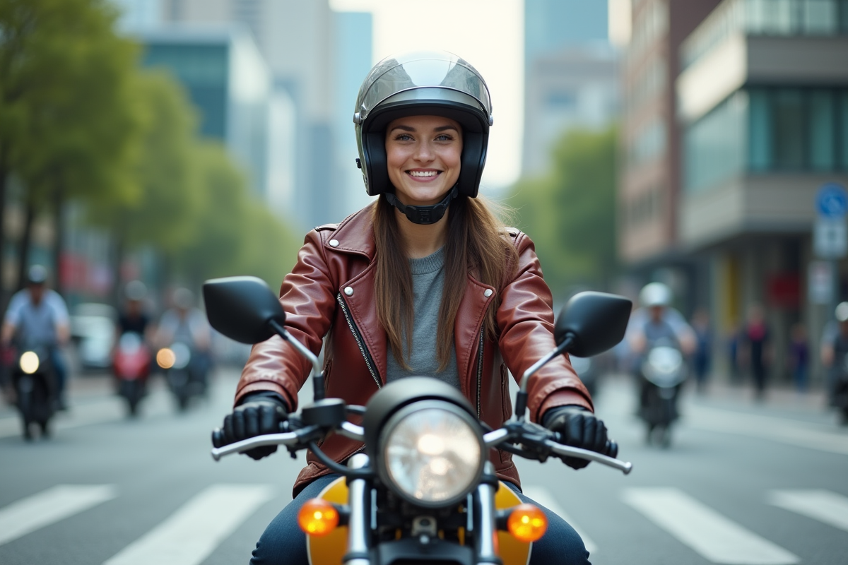 Jeune femme en équipement urbain sur moto en ville