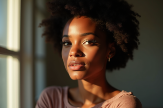 Jeune femme noire confiante au naturel en portrait lumineux