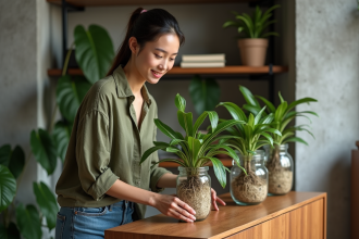 Jeune femme arrangeant des plantes hydroponiques dans un salon moderne