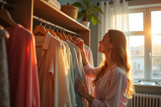 Jeune femme stylée choisissant une tenue dans une garde-robe lumineuse