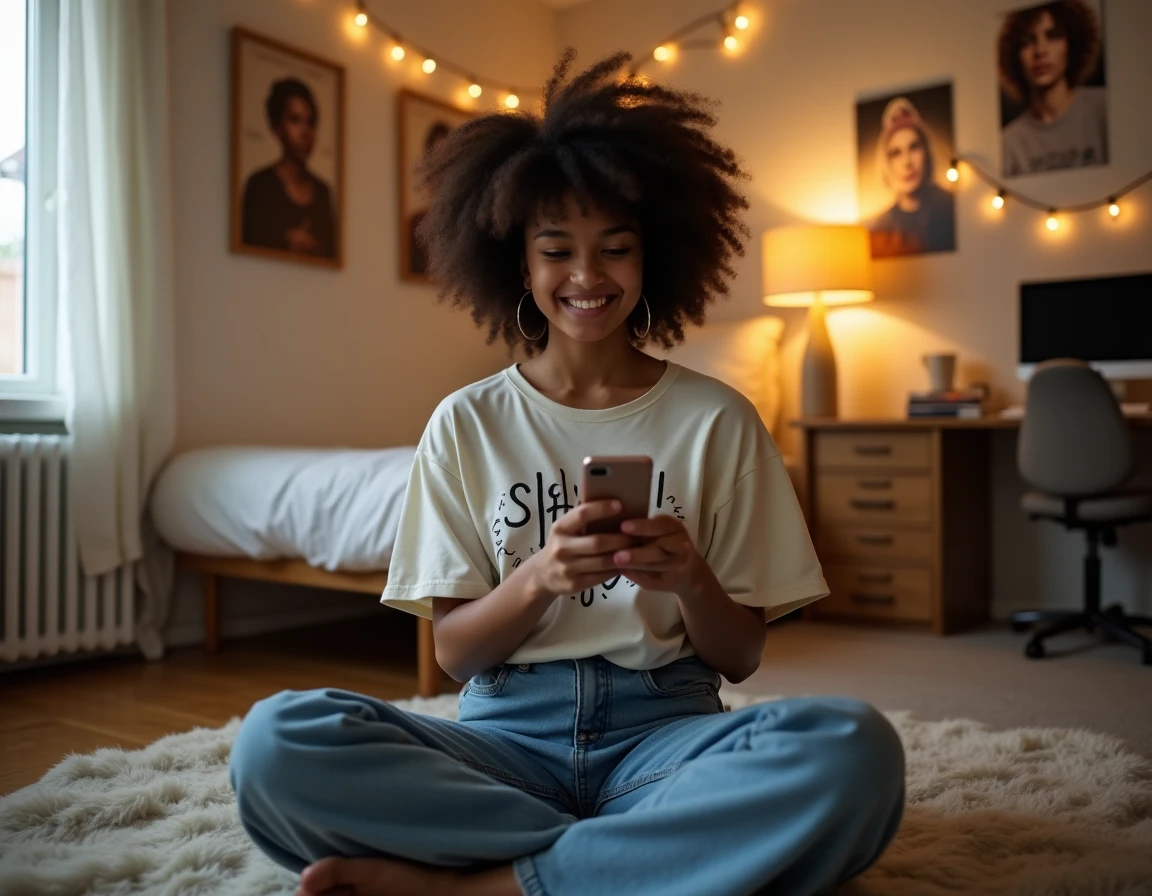 Jeune femme consultant son smartphone dans une chambre décorée de posters, représentant la culture numérique et le langage des jeunes 2026