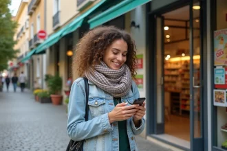 Jeune femme avec écharpe vérifiant son smartphone devant un supermarché