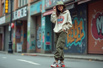 Jeune femme urbaine ajustant son chapeau dans la rue